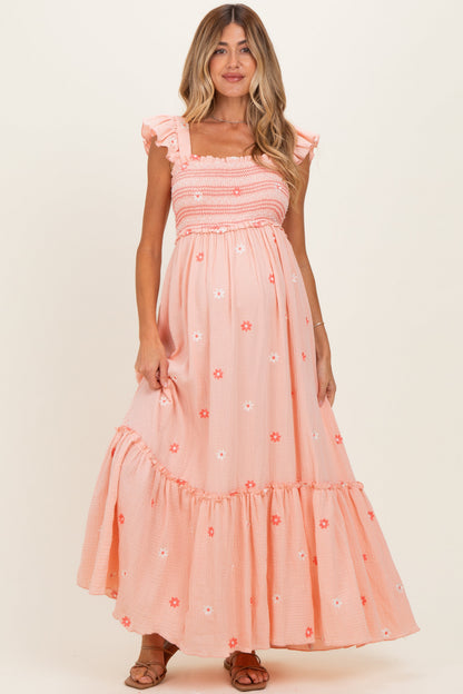 Peach Floral Embroidered Smocked Maternity Maxi Dress