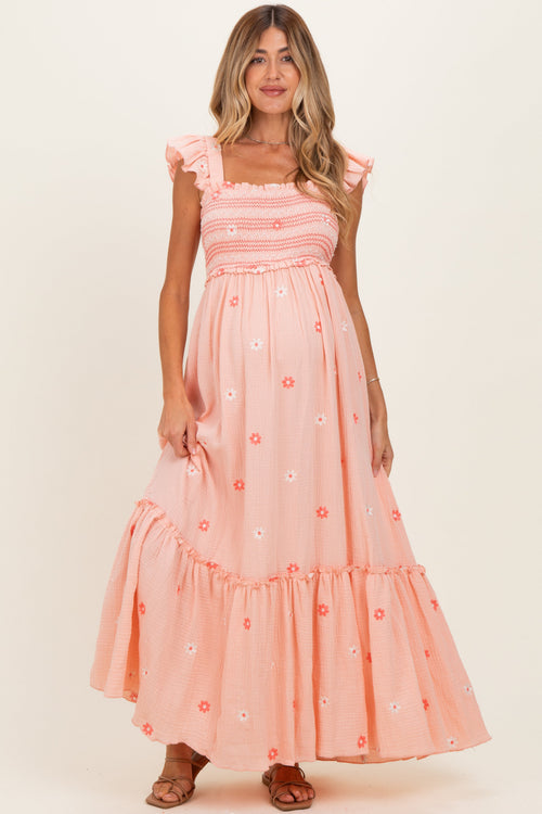 Peach Floral Embroidered Smocked Maternity Maxi Dress