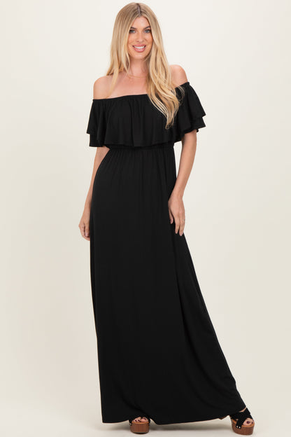 Black Ruffle Off Shoulder Maternity Maxi Dress