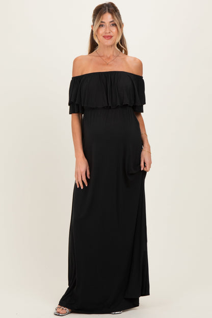 Black Ruffle Off Shoulder Maternity Maxi Dress