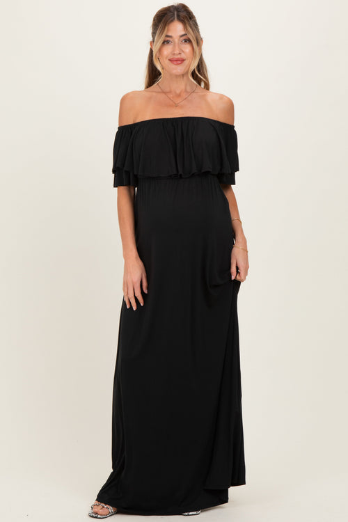 Black Ruffle Off Shoulder Maternity Maxi Dress