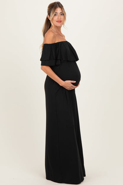 Black Ruffle Off Shoulder Maternity Maxi Dress