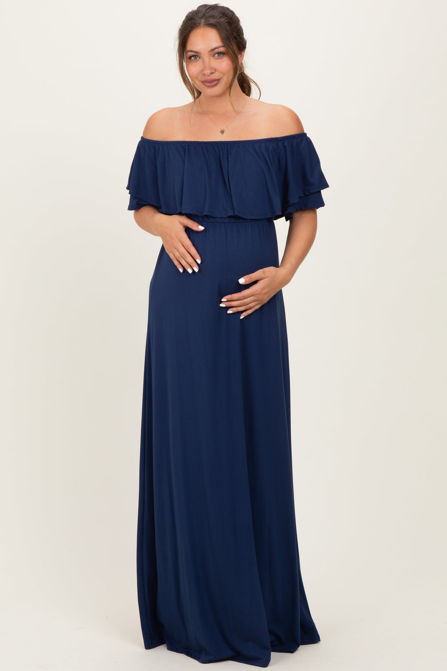 Navy Ruffle Off Shoulder Maternity Maxi Dress