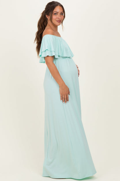 Mint Ruffle Off Shoulder Maternity Maxi Dress