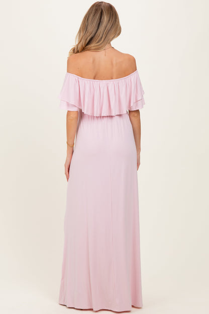 Light Pink Ruffle Off Shoulder Maternity Maxi Dress
