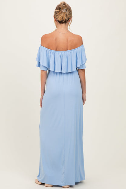 Light Blue Ruffle Off Shoulder Maternity Maxi Dress