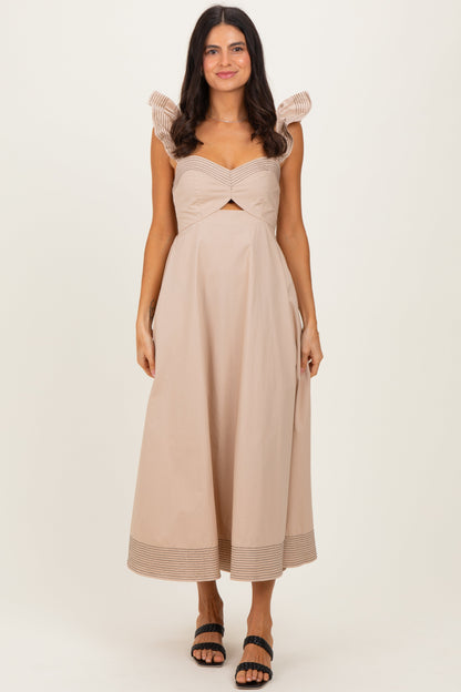 Beige Cutout Seam Detail Maternity Midi Dress