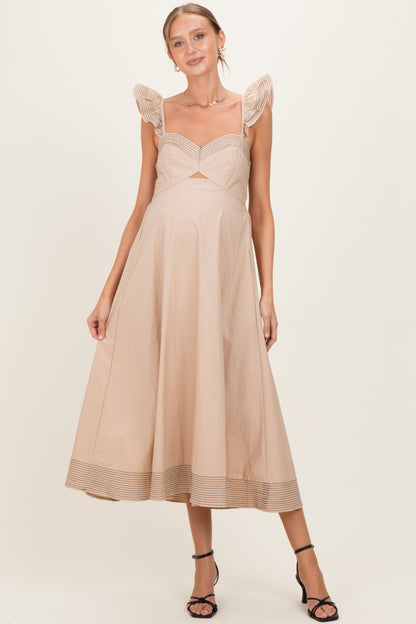 Beige Cutout Seam Detail Maternity Midi Dress