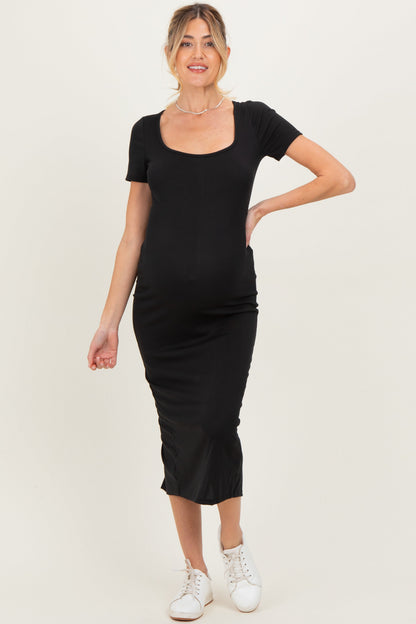 Black Ribbed Fitted Maternity Midi Dress