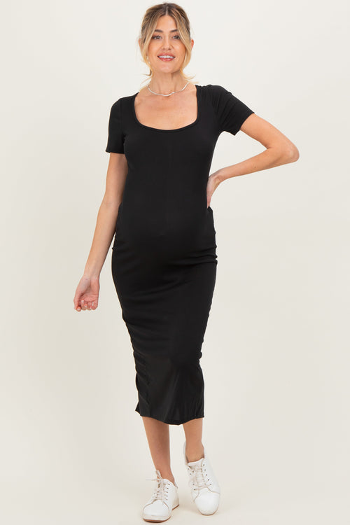 Black Ribbed Fitted Maternity Midi Dress