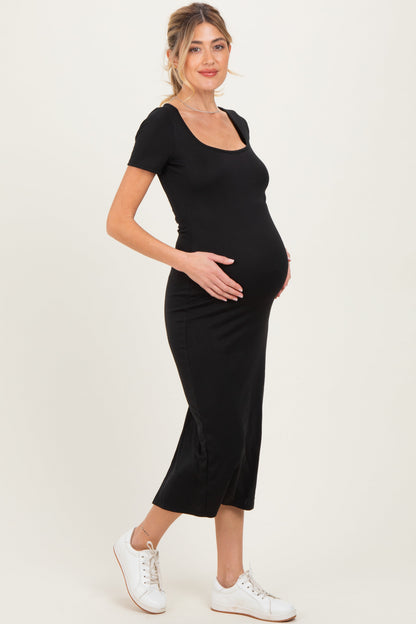 Black Ribbed Fitted Maternity Midi Dress