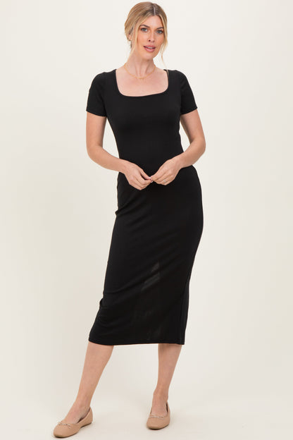 Black Ribbed Fitted Maternity Midi Dress