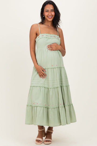 Sage Embroidered Ruffle Tiered Maternity Maxi Dress