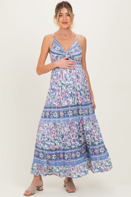 Periwinkle Floral Twist Front Cutout Maternity Maxi Dress