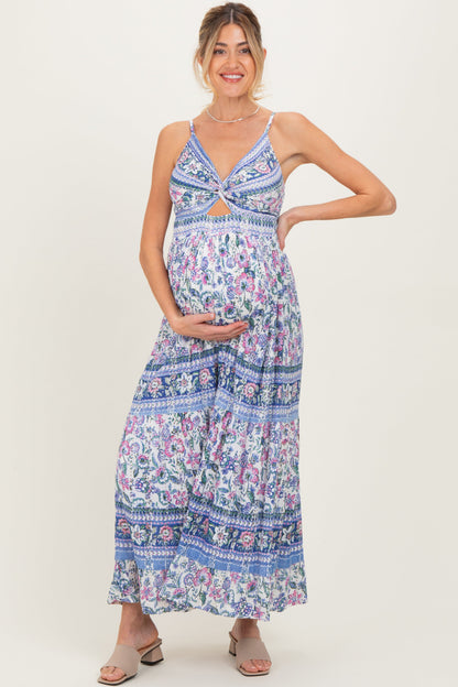 Periwinkle Floral Twist Front Cutout Maternity Maxi Dress
