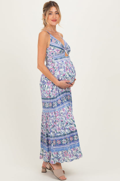 Periwinkle Floral Twist Front Cutout Maternity Maxi Dress