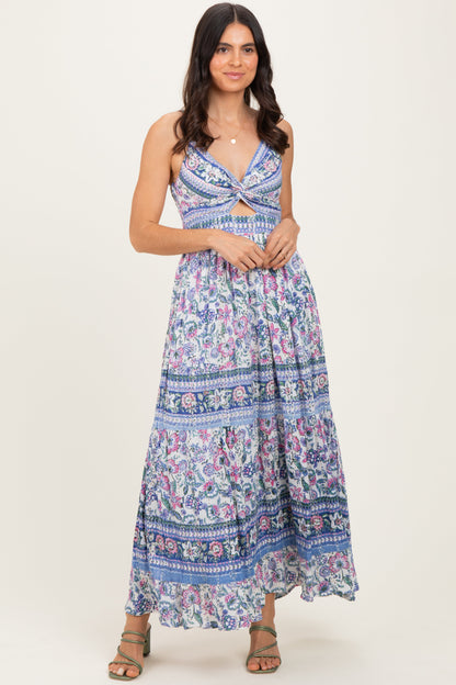 Periwinkle Floral Twist Front Cutout Maternity Maxi Dress