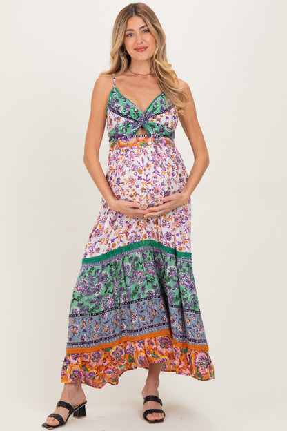 Multicolor Colorblock Floral Twist Front Cutout Maternity Maxi Dress