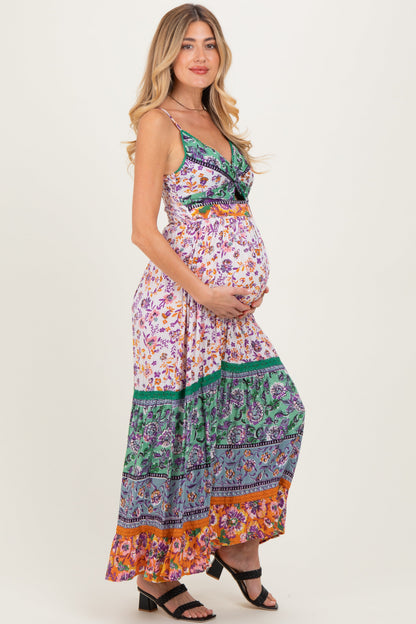 Multicolor Colorblock Floral Twist Front Cutout Maternity Maxi Dress
