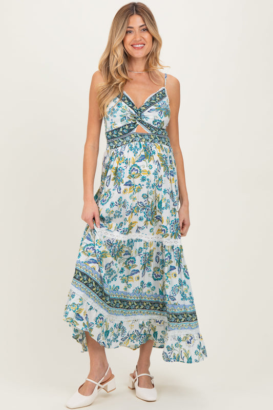 Ivory Floral Twisted Front Lace Detail Maternity Maxi Dress