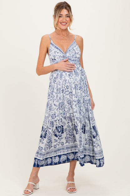 Ivory Floral Twisted Front Maternity Maxi Dress