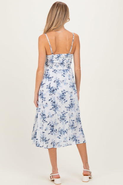 White Blue Floral Twisted Front Maternity Midi Dress