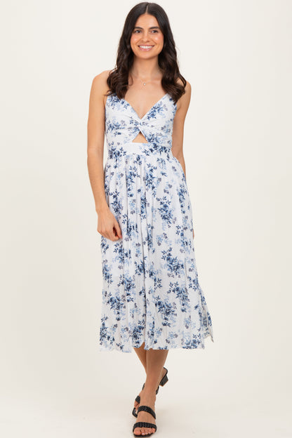 White Blue Floral Twisted Front Maternity Midi Dress