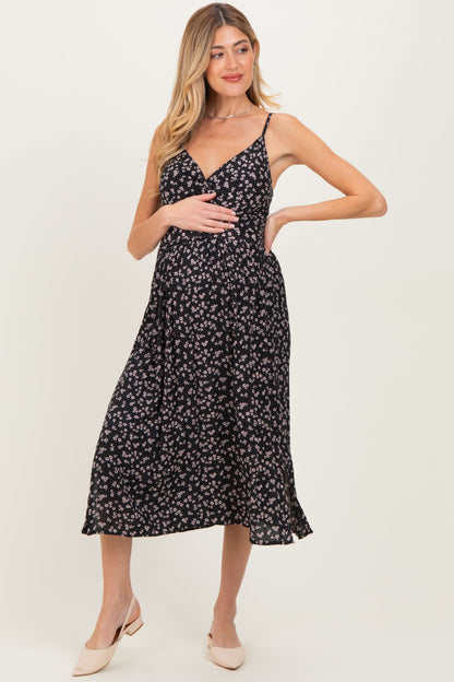 Black Floral Twisted Front Maternity Midi Dress