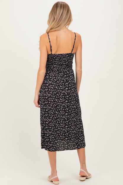 Black Floral Twisted Front Maternity Midi Dress