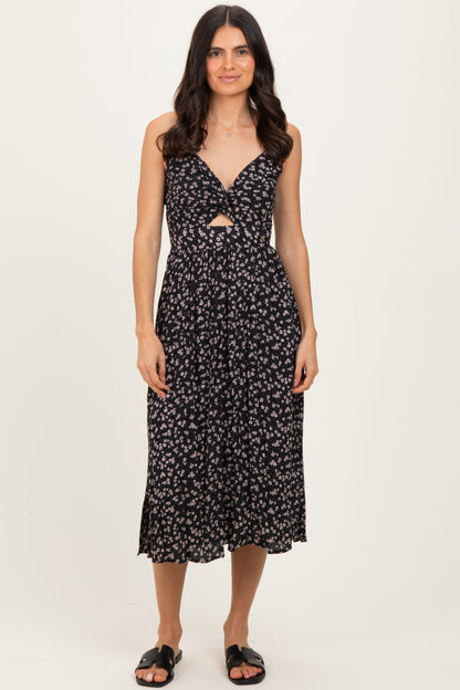 Black Floral Twisted Front Maternity Midi Dress