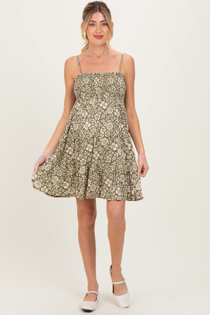 Olive Floral Smocked Sleeveless Maternity Mini Dress