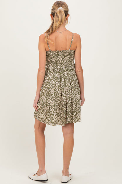 Olive Floral Smocked Sleeveless Maternity Mini Dress
