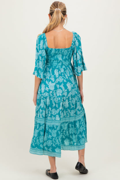 Turquoise Floral Twisted Front Flutter Sleeve Maternity Midi Dress