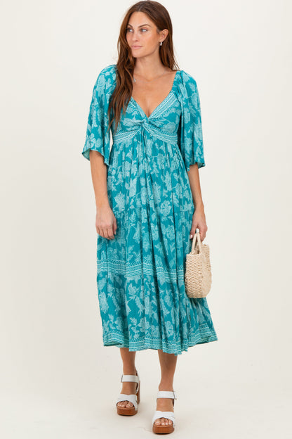 Turquoise Floral Twisted Front Flutter Sleeve Maternity Midi Dress