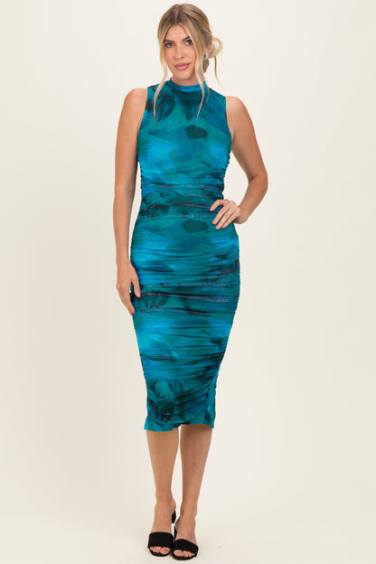 Turquoise Floral Mock Neck Ruched Maternity Midi Dress