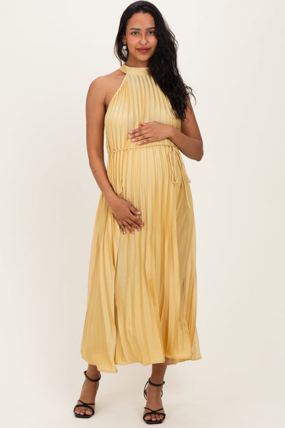 Yellow Pleated Maternity Halter Dress