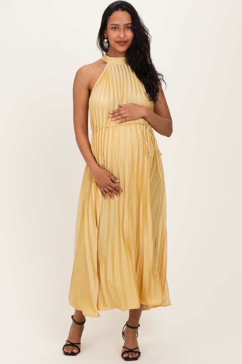 Yellow Pleated Maternity Halter Dress