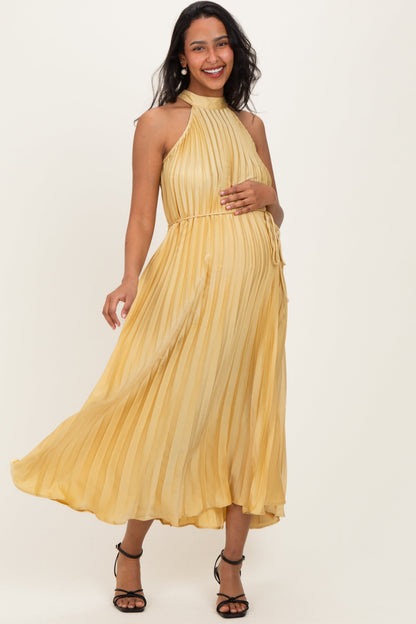 Yellow Pleated Maternity Halter Dress