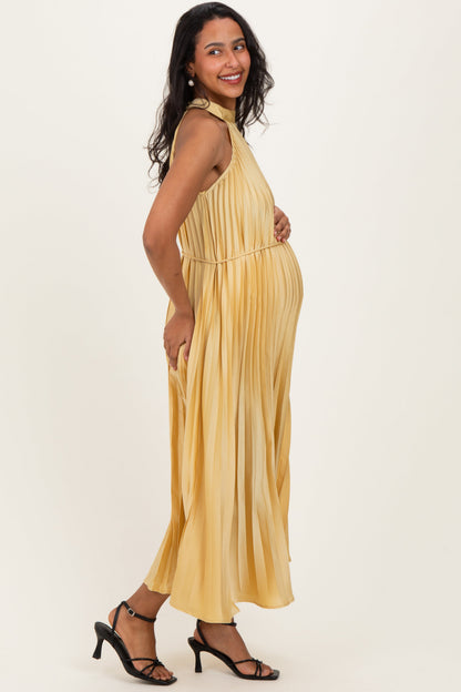 Yellow Pleated Maternity Halter Dress