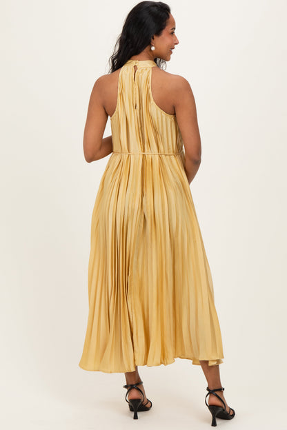 Yellow Pleated Maternity Halter Dress