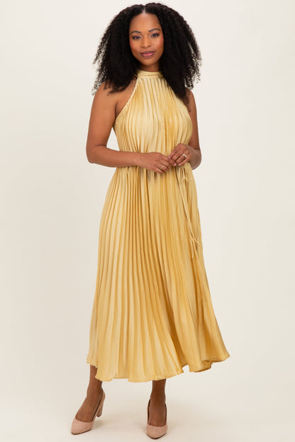 Yellow Pleated Maternity Halter Dress