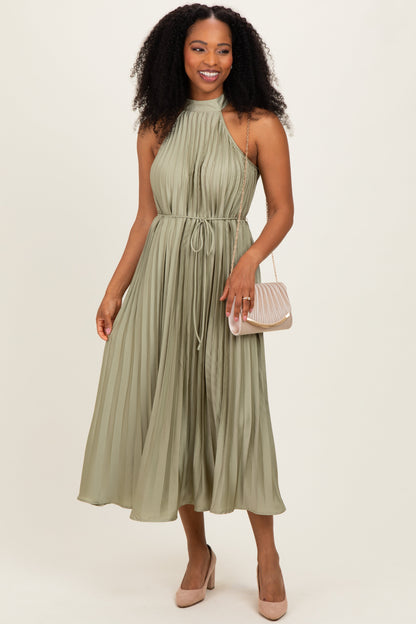 Light Olive Pleated Maternity Halter Dress