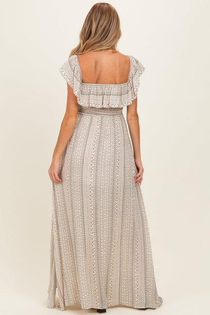 Beige Ruffle Off Shoulder Maternity Maxi Dress