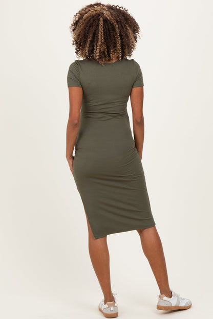 Olive Square Neck Side Slit Maternity Midi Dress