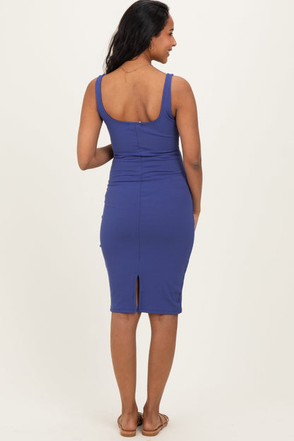 Light Navy Ribbed Square Neck Maternity Tank Dress