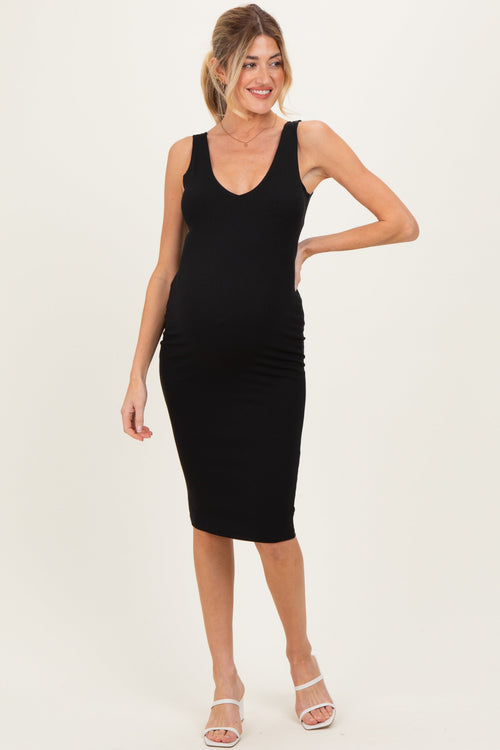 Black Ribbed Knit V-Neck Maternity Tank Dress