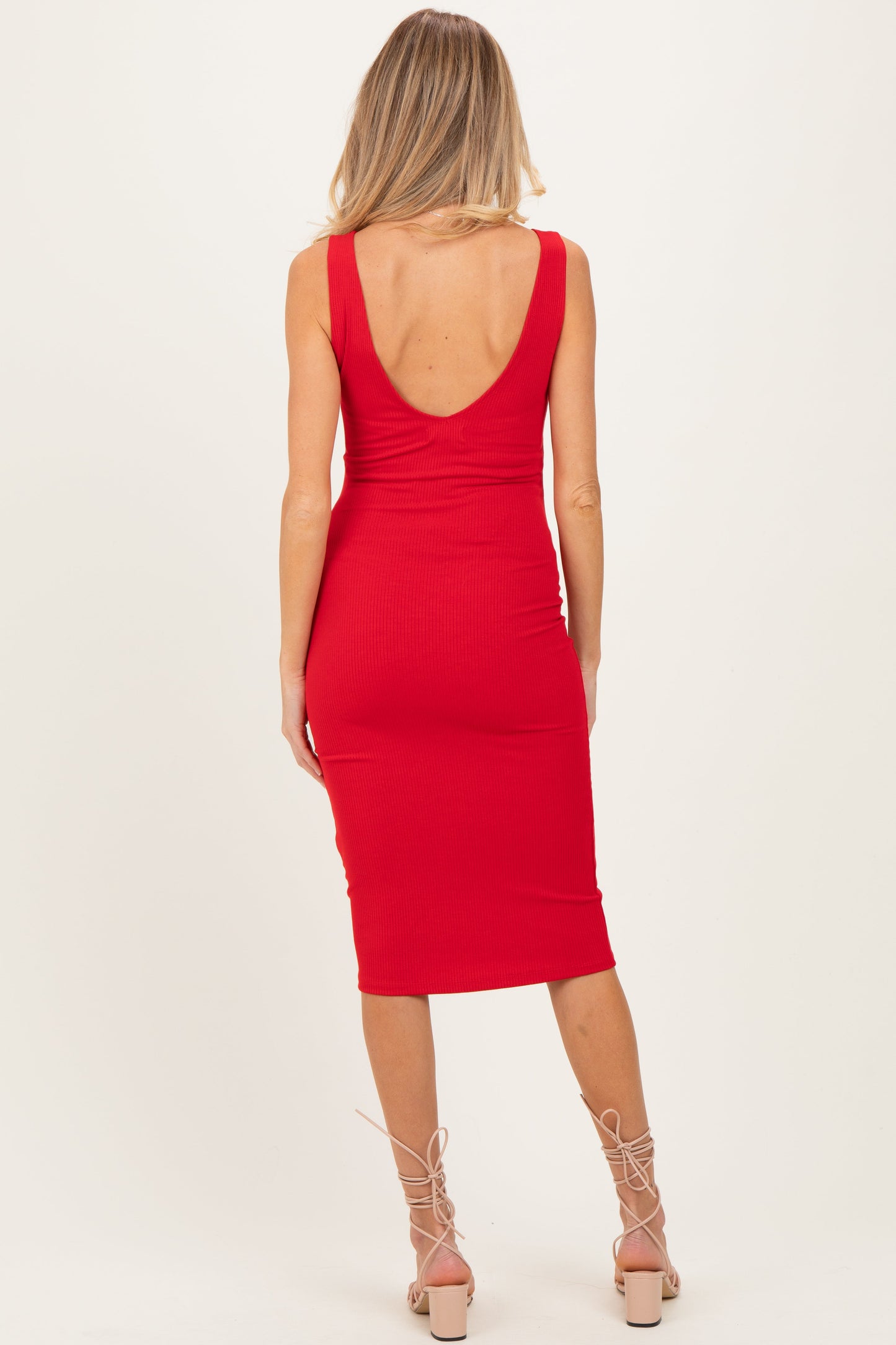 Red Ribbed Knit V-Neck Maternity Tank Dress