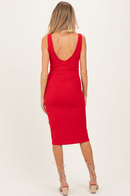 Red Ribbed Knit V-Neck Maternity Tank Dress