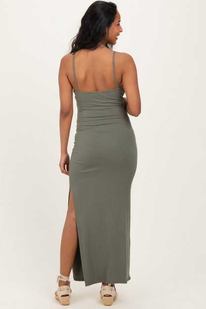 Olive Button Detail Sleeveless High Slit Maternity Maxi Dress
