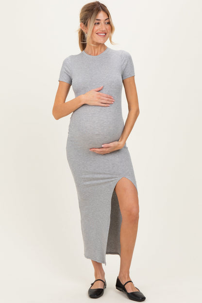 Heather Grey Short Sleeve High Slit Maternity Maxi Dress